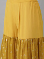 Ahalyaa Mustard Georgette Gold Foil Print Peplum Kurta Sharara Set With Dupatta | Grocsy