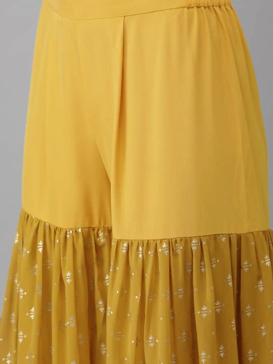 Ahalyaa Mustard Georgette Gold Foil Print Peplum Kurta Sharara Set With Dupatta | Grocsy