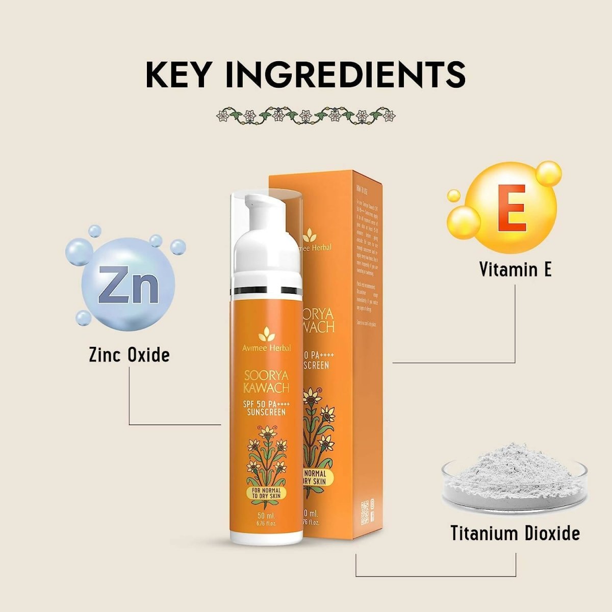 Avimee Herbal Soorya Kawach Sunscreen SPF 50 PA++++ For Normal & Dry Skin | Grocsy