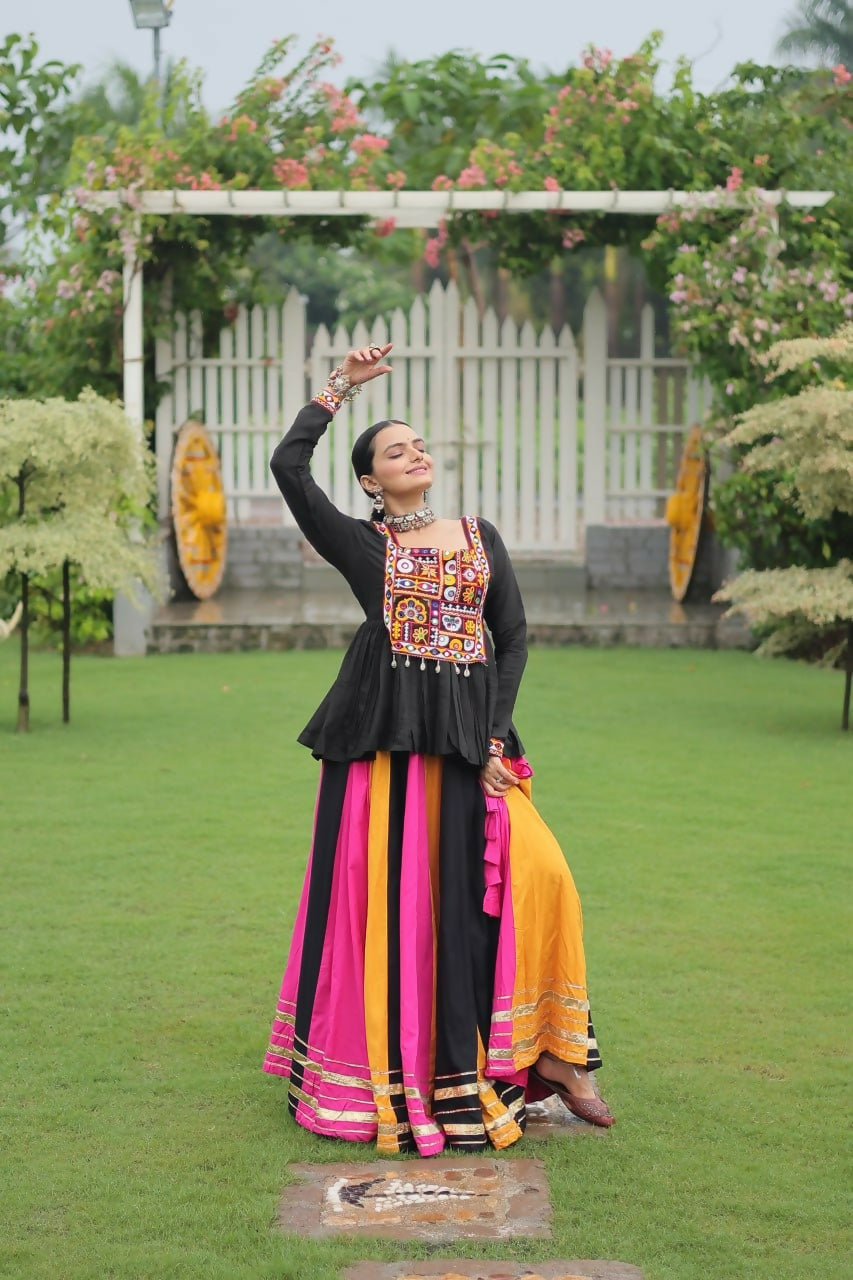 Teeya Creation Multi Colour Reyon Silk Gamathi Work Navratri lehenga Choli | Grocsy