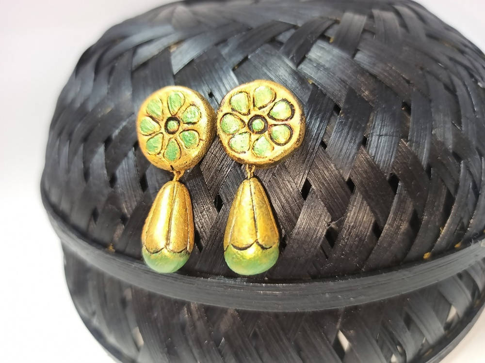 Terracotta Round Earstuds With Drops-Copper And Green | Grocsy