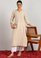 Aavyora Women's Beige Woven Striped V-Neck Kurta | Grocsy