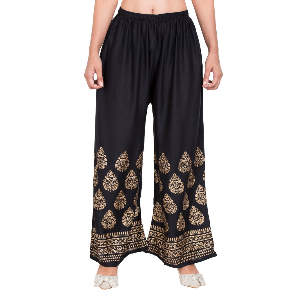 PAVONINE Black Color Golden Printed Rayon Fabric Sharara For Women | Grocsy