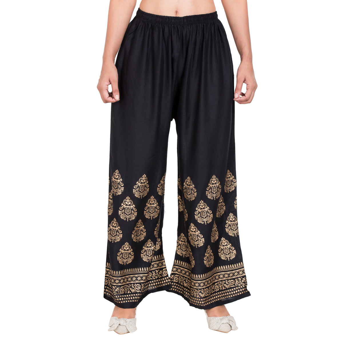 PAVONINE Black Color Golden Printed Rayon Fabric Sharara For Women | Grocsy