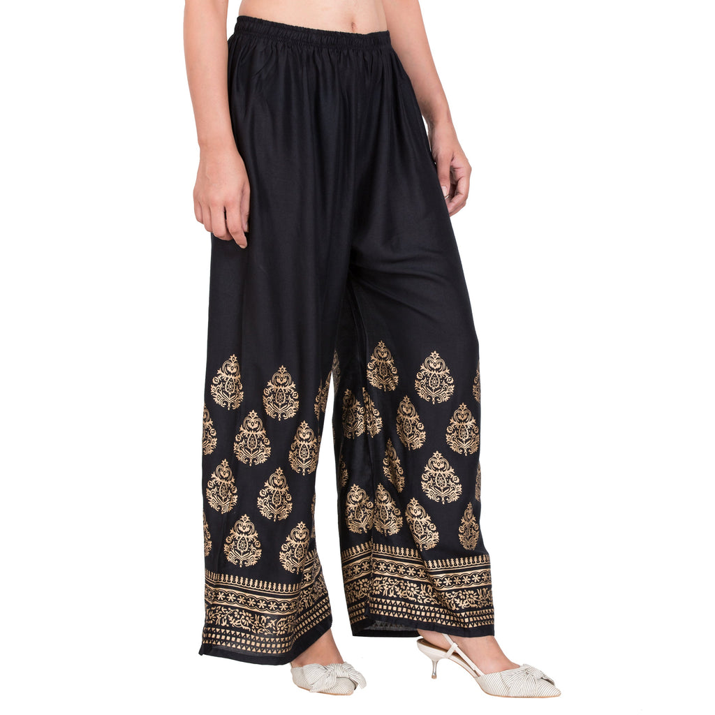 PAVONINE Black Color Golden Printed Rayon Fabric Sharara For Women | Grocsy