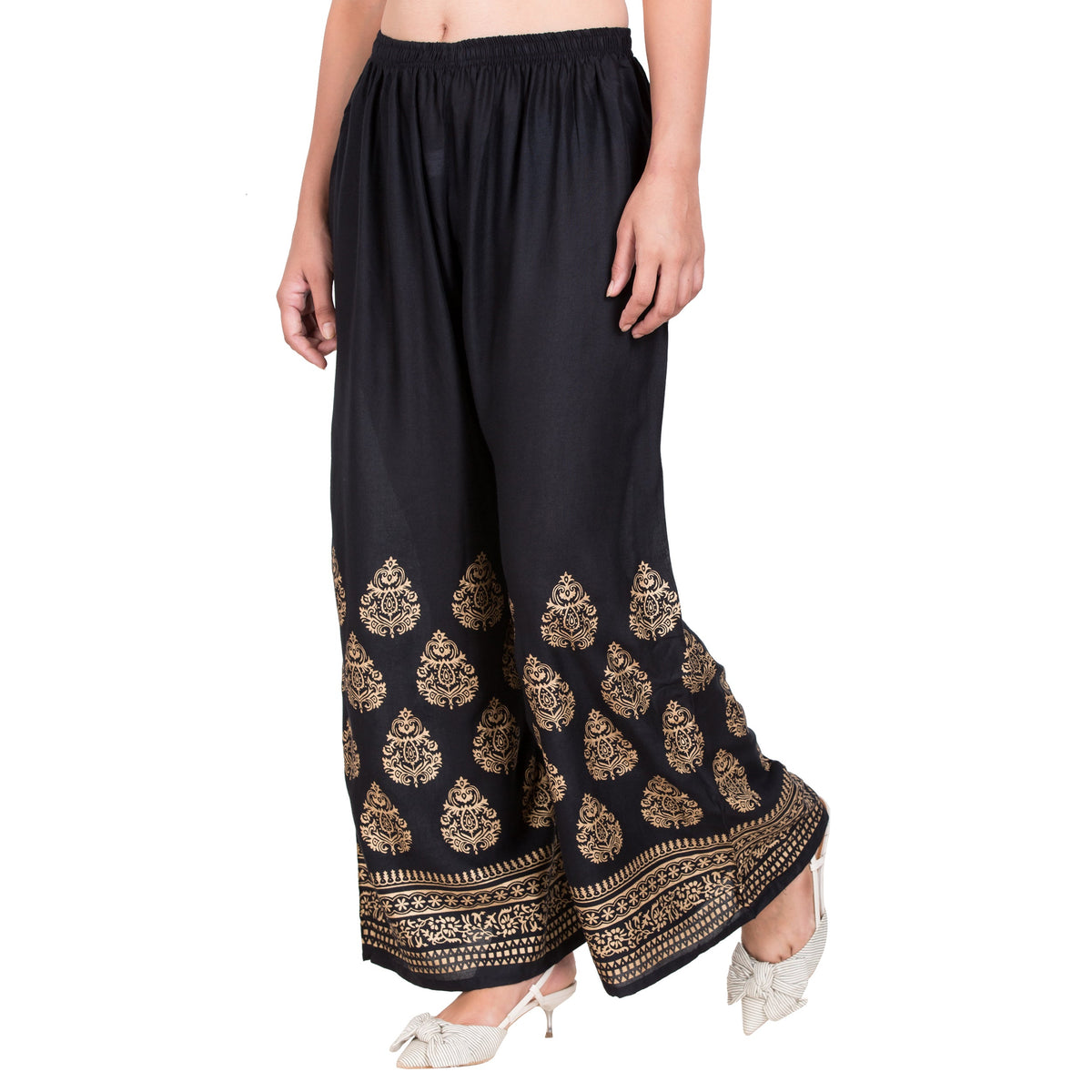 PAVONINE Black Color Golden Printed Rayon Fabric Sharara For Women | Grocsy