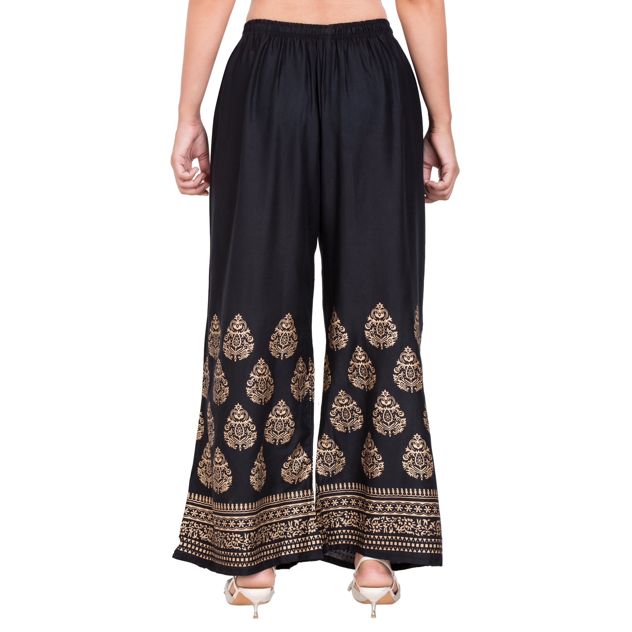 PAVONINE Black Color Golden Printed Rayon Fabric Sharara For Women | Grocsy