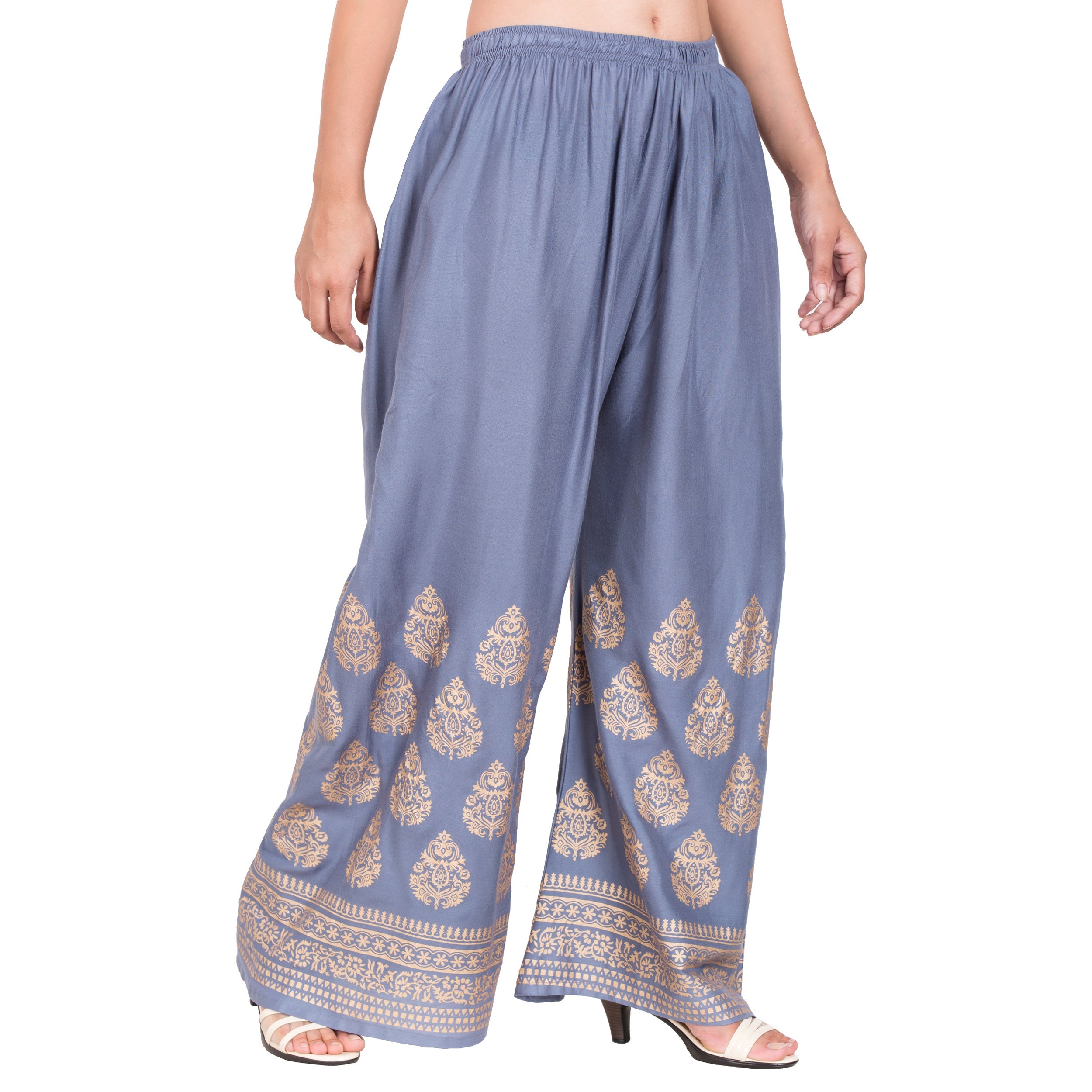 PAVONINE Grey Color Golden Printed Rayon Fabric Sharara For Women | Grocsy