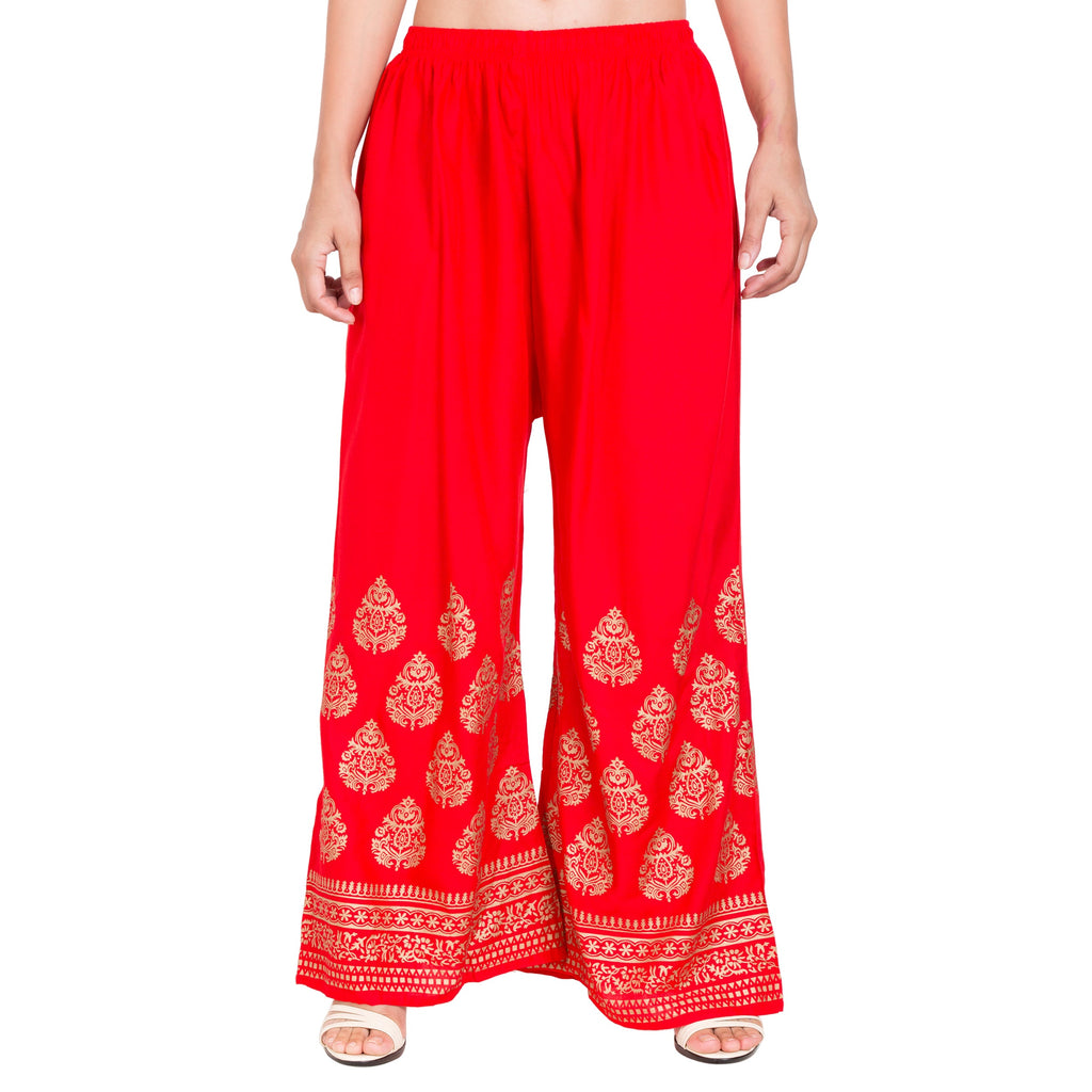 PAVONINE Red Color Golden Printed Rayon Fabric Sharara For Women | Grocsy