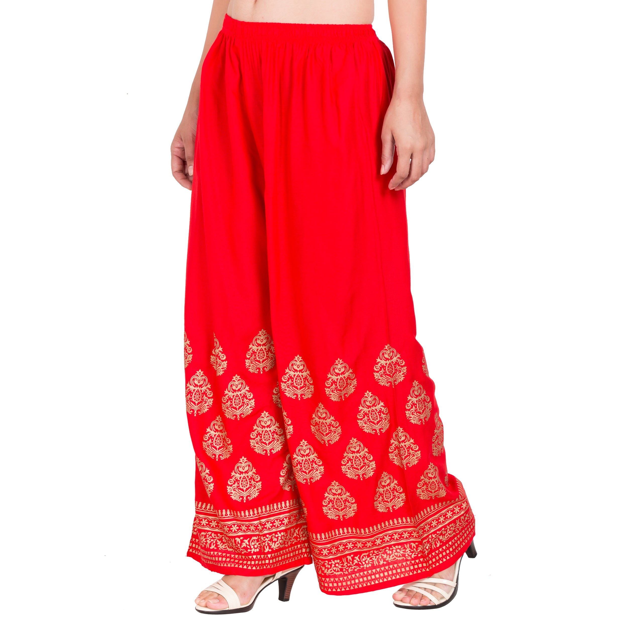PAVONINE Red Color Golden Printed Rayon Fabric Sharara For Women | Grocsy