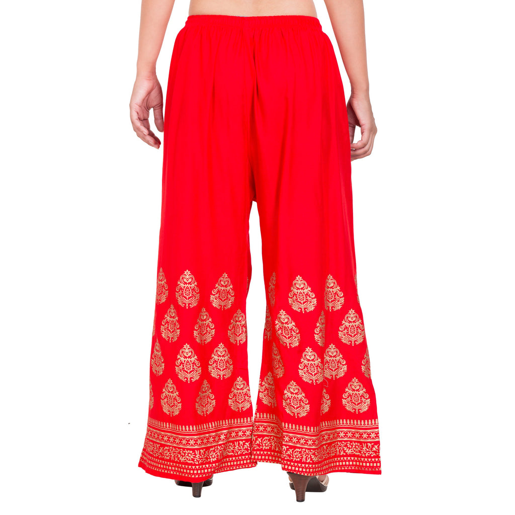 PAVONINE Red Color Golden Printed Rayon Fabric Sharara For Women | Grocsy