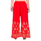 PAVONINE Red Color Golden Printed Rayon Fabric Sharara For Women | Grocsy