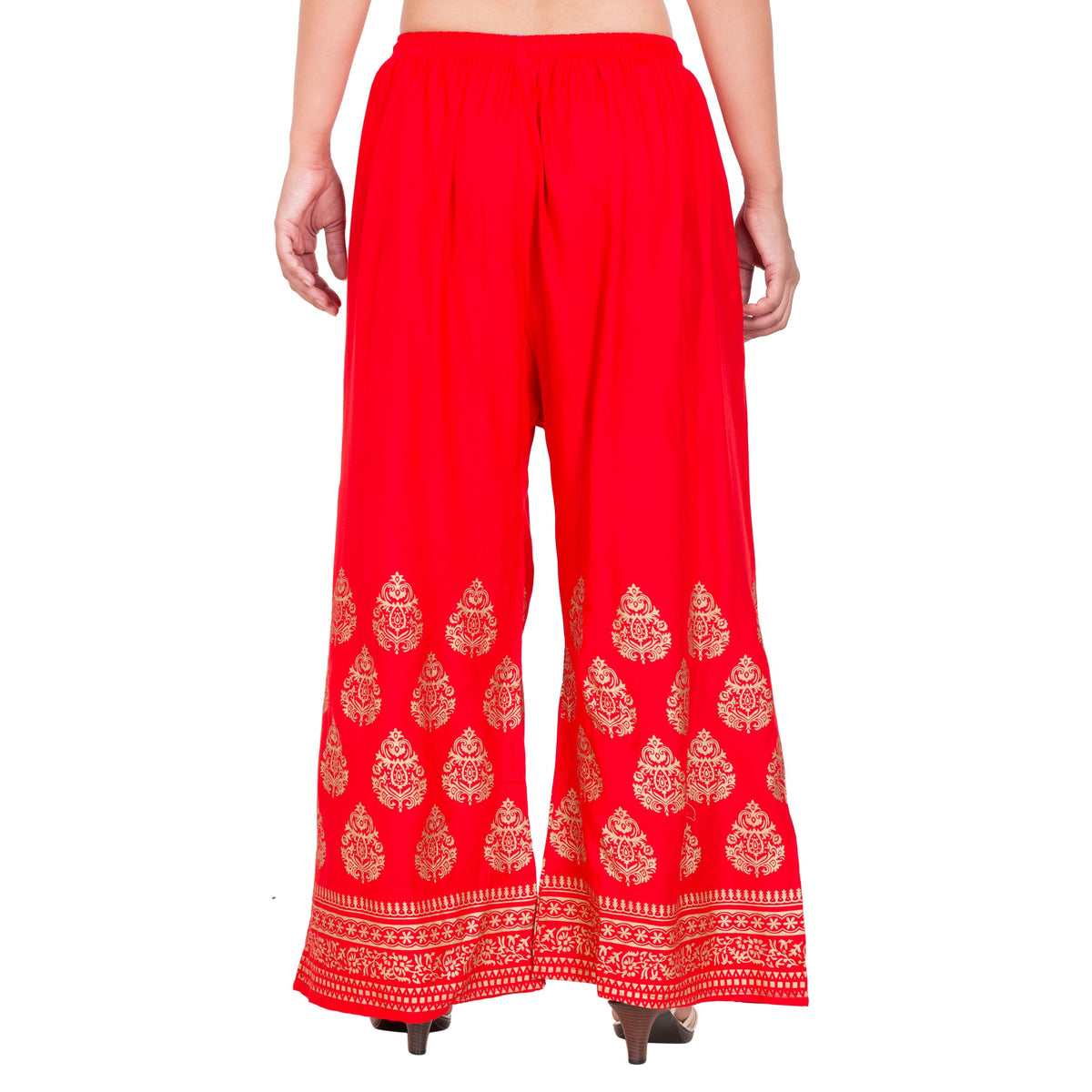 PAVONINE Red Color Golden Printed Rayon Fabric Sharara For Women | Grocsy