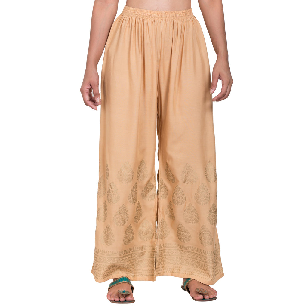 PAVONINE Beige Color Golden Printed Rayon Fabric Sharara For Women | Grocsy