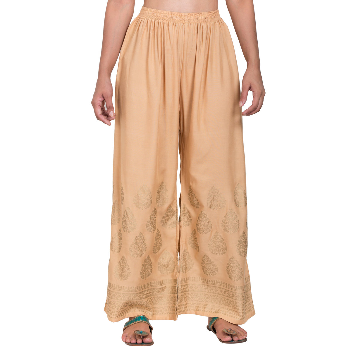 PAVONINE Beige Color Golden Printed Rayon Fabric Sharara For Women | Grocsy