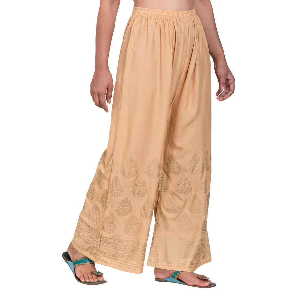 PAVONINE Beige Color Golden Printed Rayon Fabric Sharara For Women | Grocsy