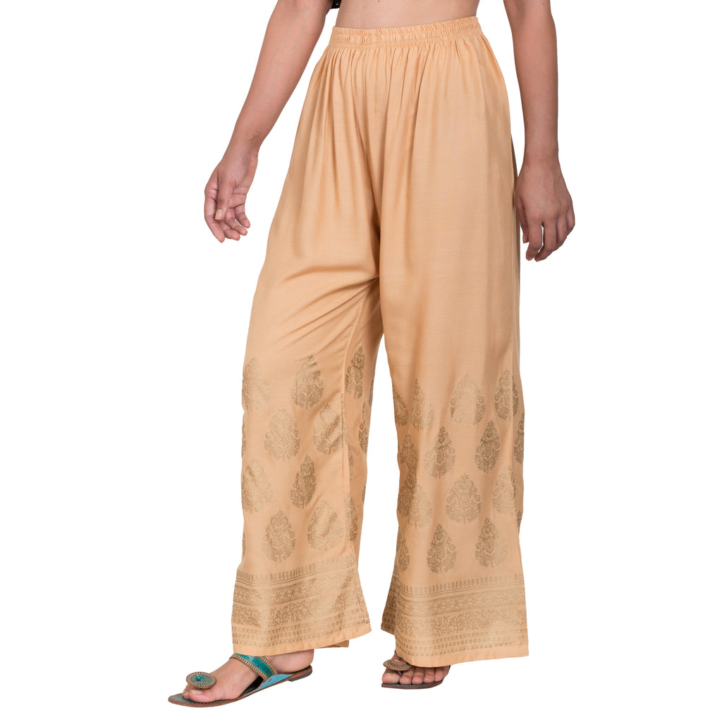 PAVONINE Beige Color Golden Printed Rayon Fabric Sharara For Women | Grocsy