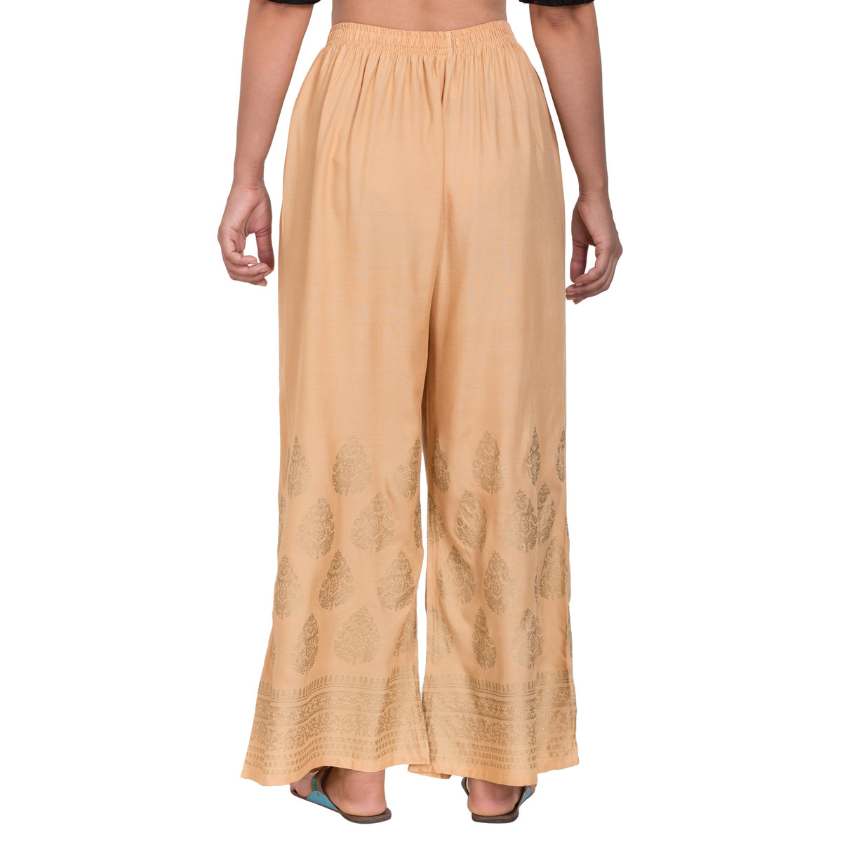 PAVONINE Beige Color Golden Printed Rayon Fabric Sharara For Women | Grocsy