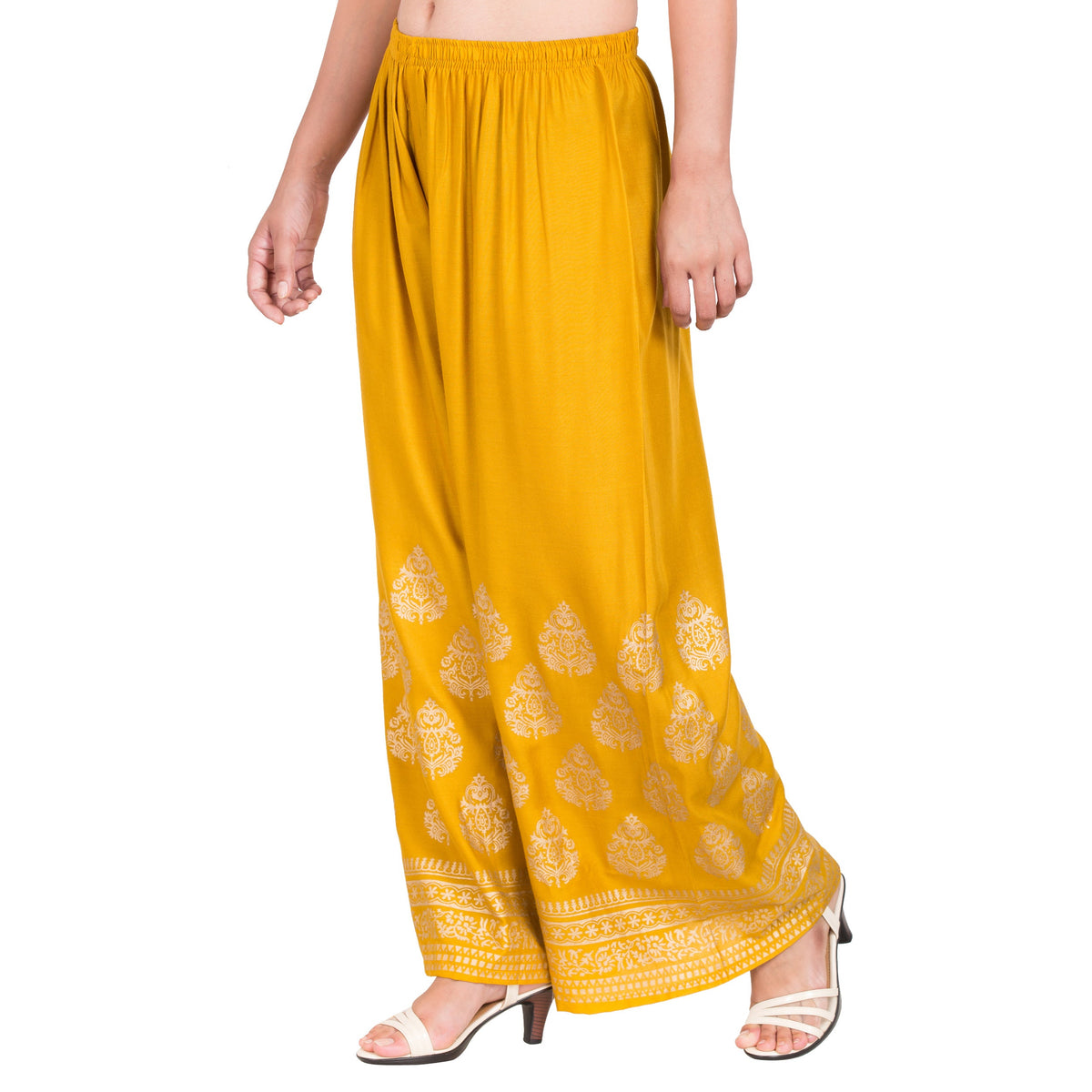 PAVONINE Mustard Color Golden Printed Rayon Fabric Sharara For Women | Grocsy