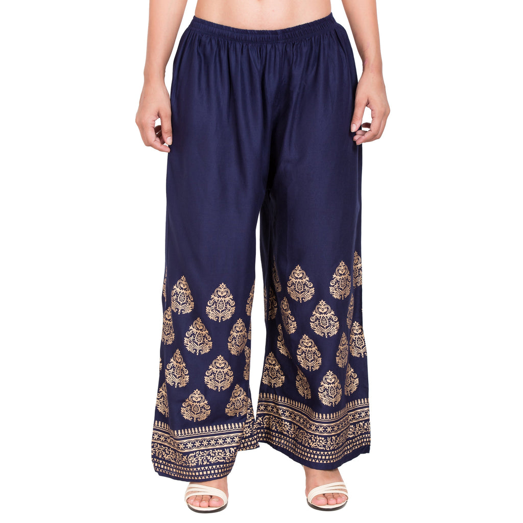 PAVONINE Navy Blue Color Golden Printed Rayon Fabric Sharara For Women | Grocsy