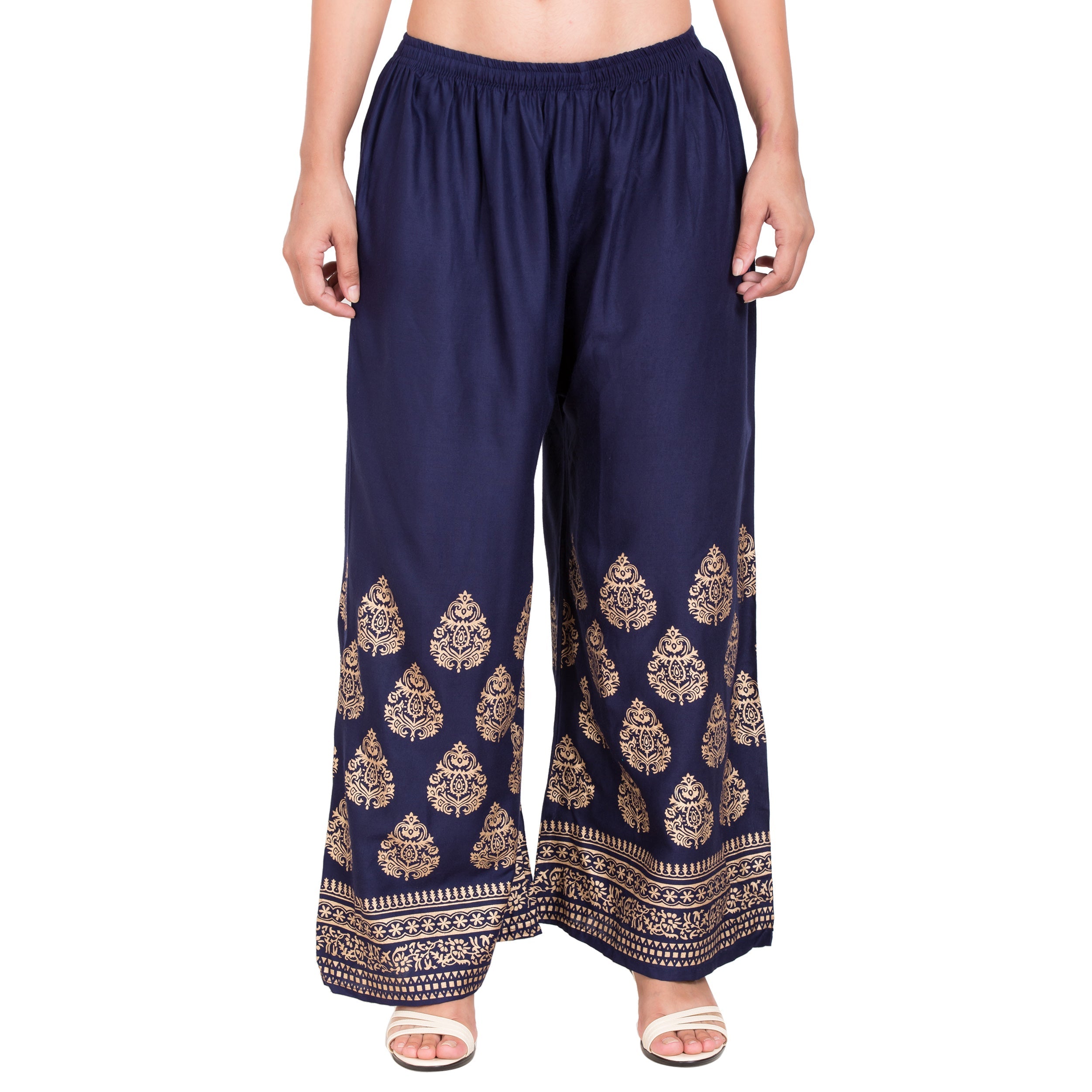 PAVONINE Navy Blue Color Golden Printed Rayon Fabric Sharara For Women | Grocsy
