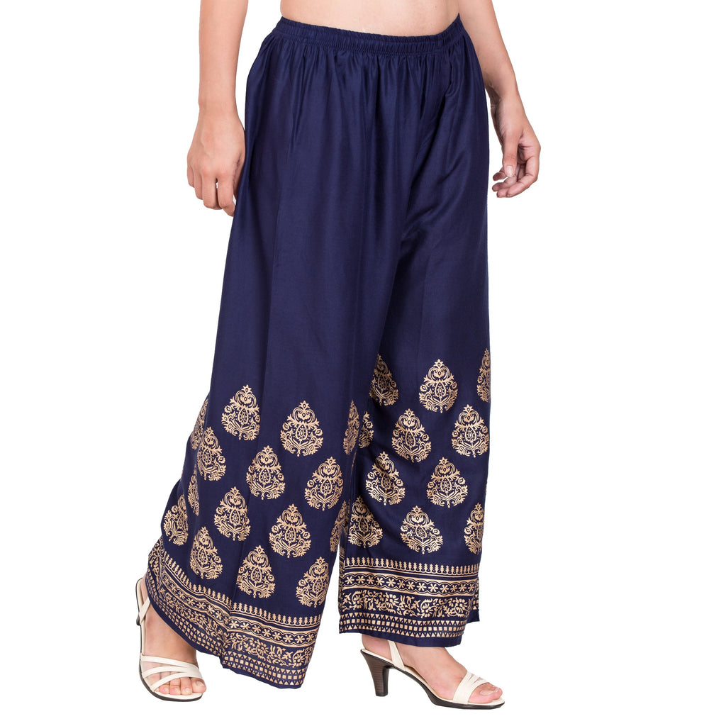 PAVONINE Navy Blue Color Golden Printed Rayon Fabric Sharara For Women | Grocsy