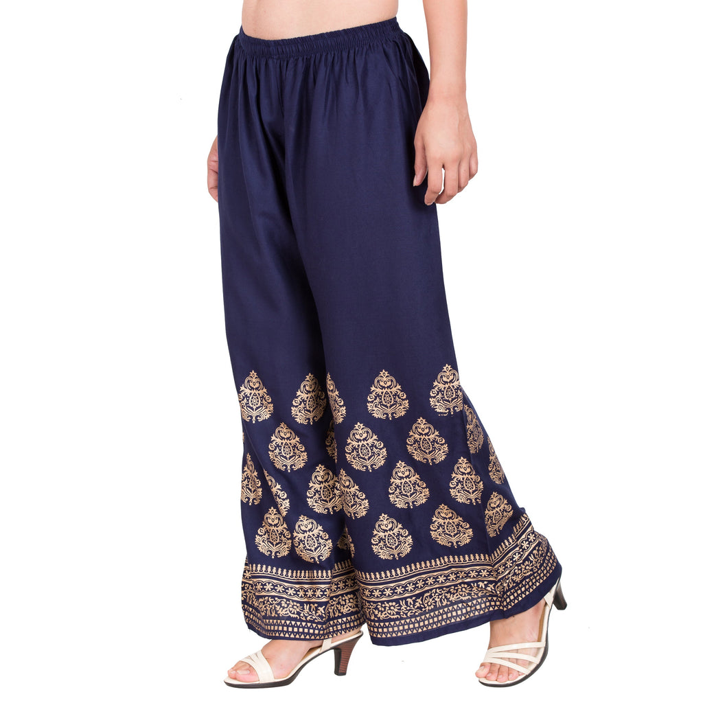 PAVONINE Navy Blue Color Golden Printed Rayon Fabric Sharara For Women | Grocsy