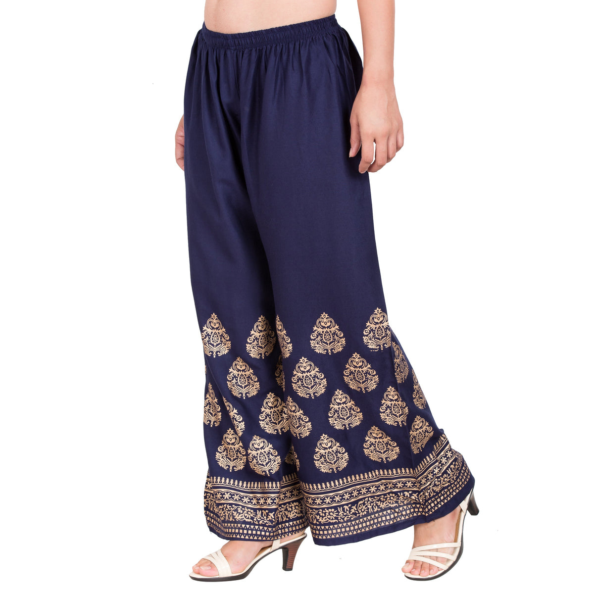 PAVONINE Navy Blue Color Golden Printed Rayon Fabric Sharara For Women | Grocsy