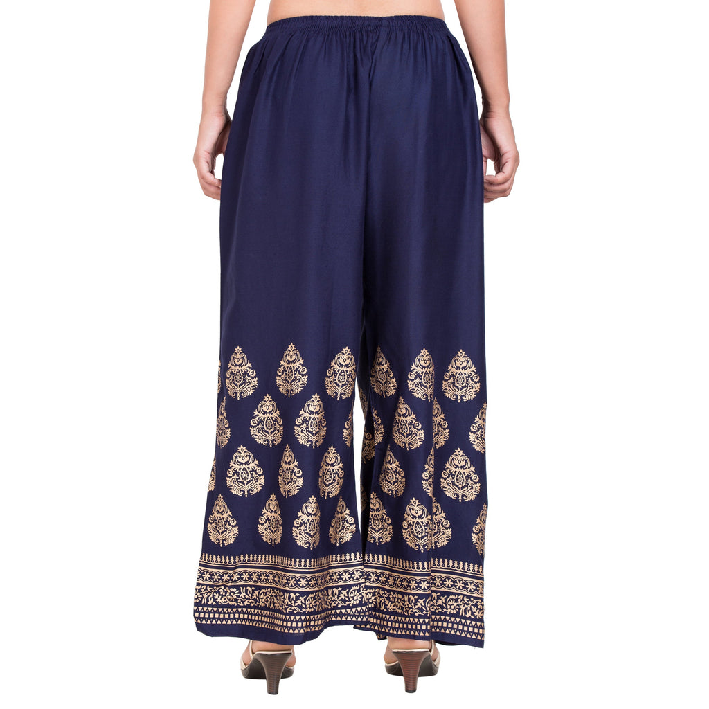 PAVONINE Navy Blue Color Golden Printed Rayon Fabric Sharara For Women | Grocsy