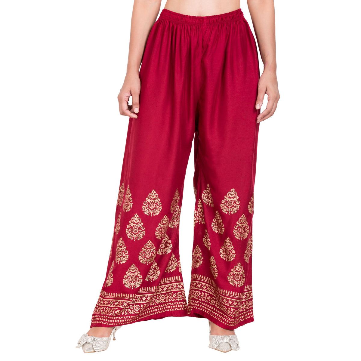 PAVONINE Maroon Color Golden Printed Rayon Fabric Sharara For Women | Grocsy