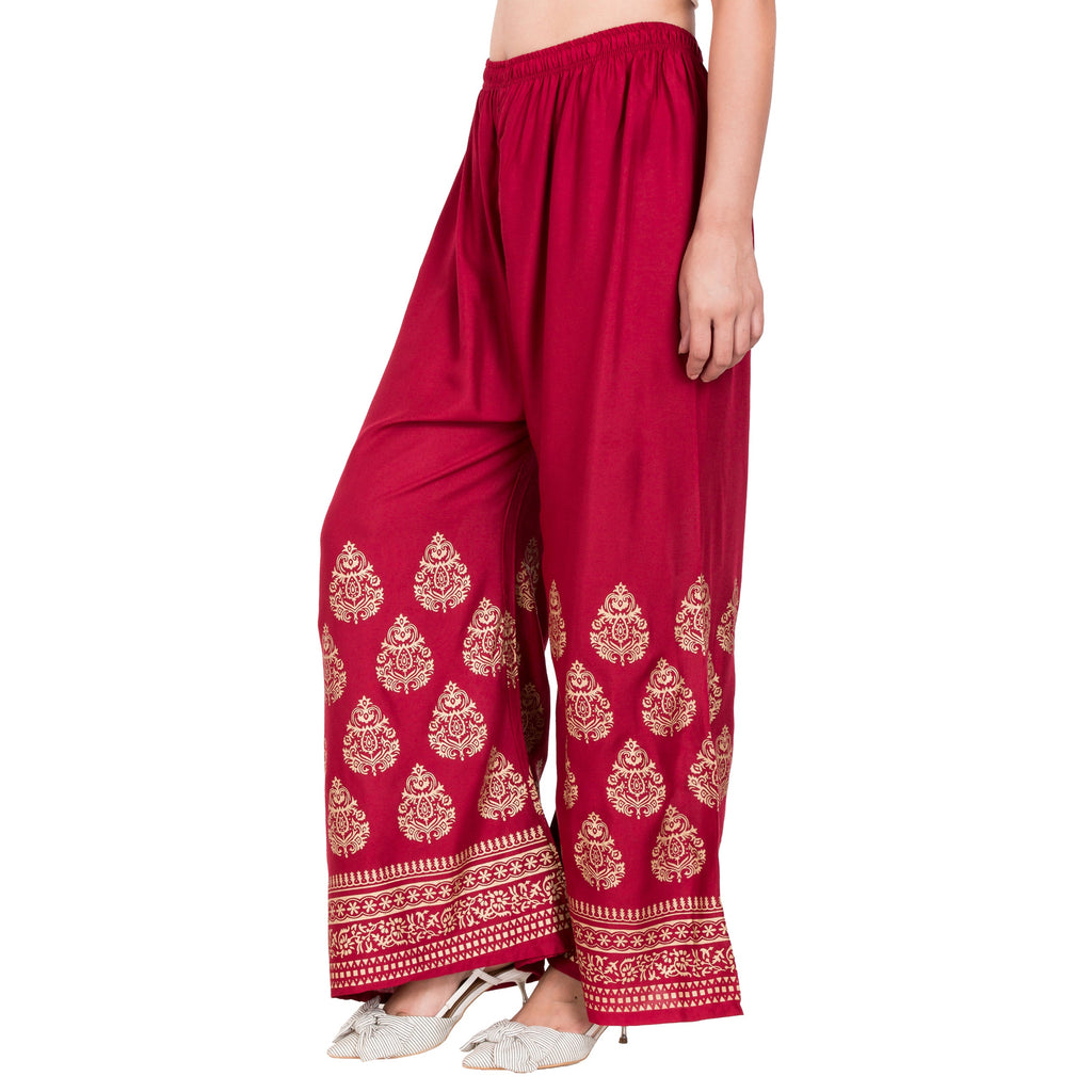 PAVONINE Maroon Color Golden Printed Rayon Fabric Sharara For Women | Grocsy
