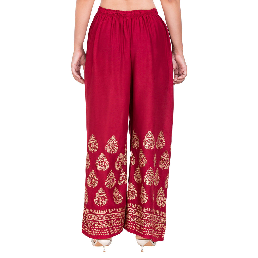PAVONINE Maroon Color Golden Printed Rayon Fabric Sharara For Women | Grocsy