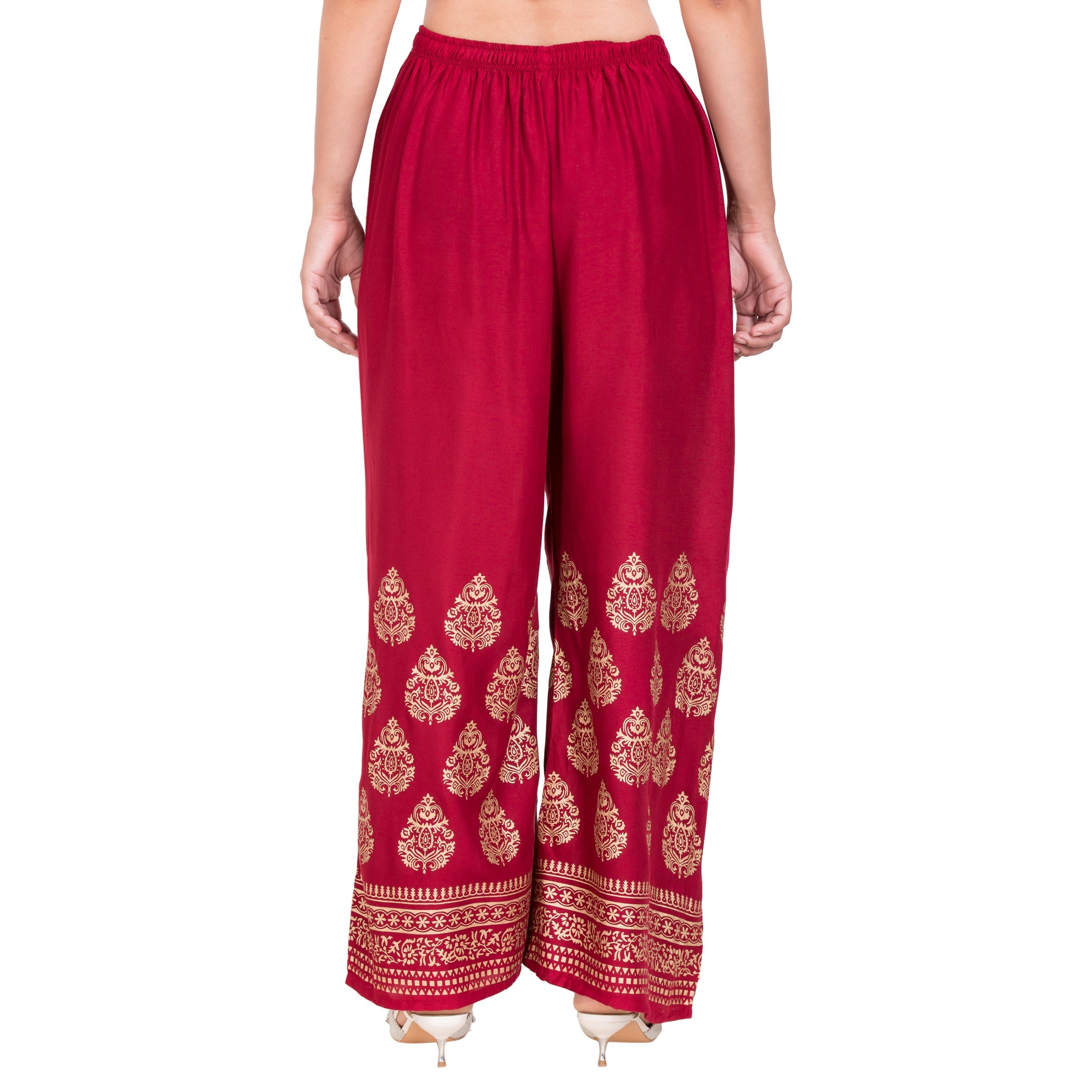 PAVONINE Maroon Color Golden Printed Rayon Fabric Sharara For Women | Grocsy