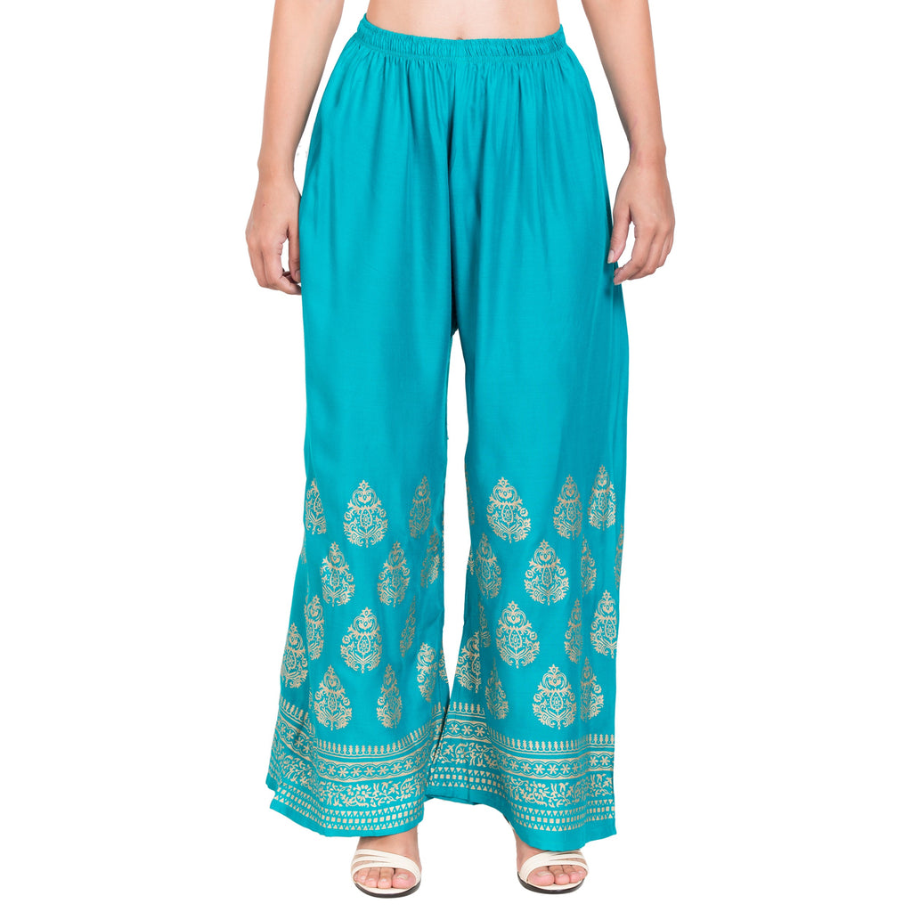PAVONINE Rama Green Color Golden Printed Rayon Fabric Sharara For Women | Grocsy