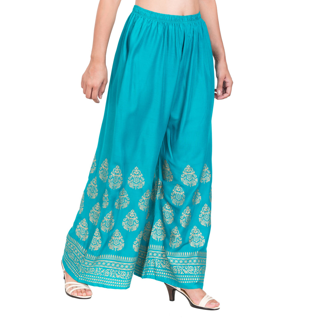PAVONINE Rama Green Color Golden Printed Rayon Fabric Sharara For Women | Grocsy