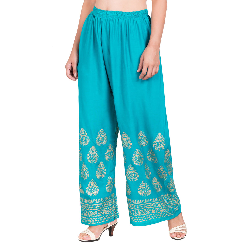PAVONINE Rama Green Color Golden Printed Rayon Fabric Sharara For Women | Grocsy