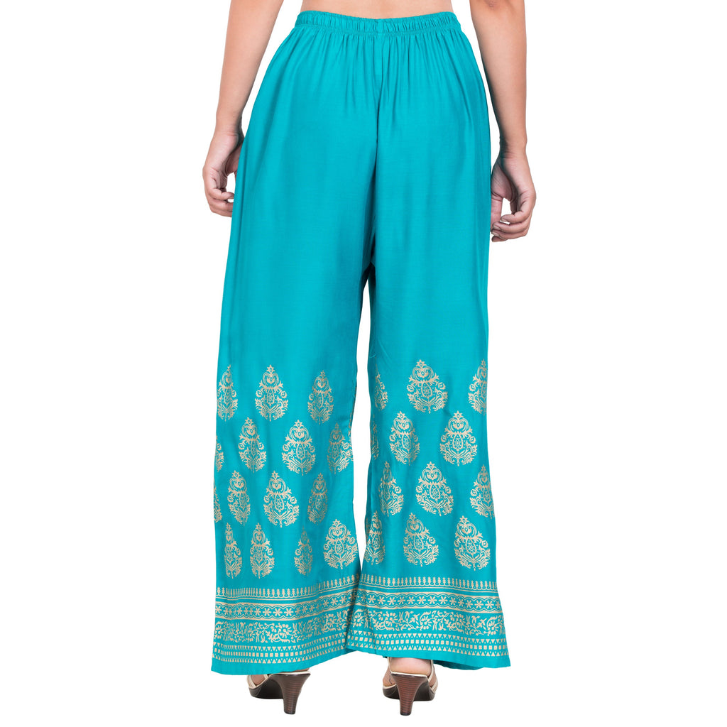 PAVONINE Rama Green Color Golden Printed Rayon Fabric Sharara For Women | Grocsy