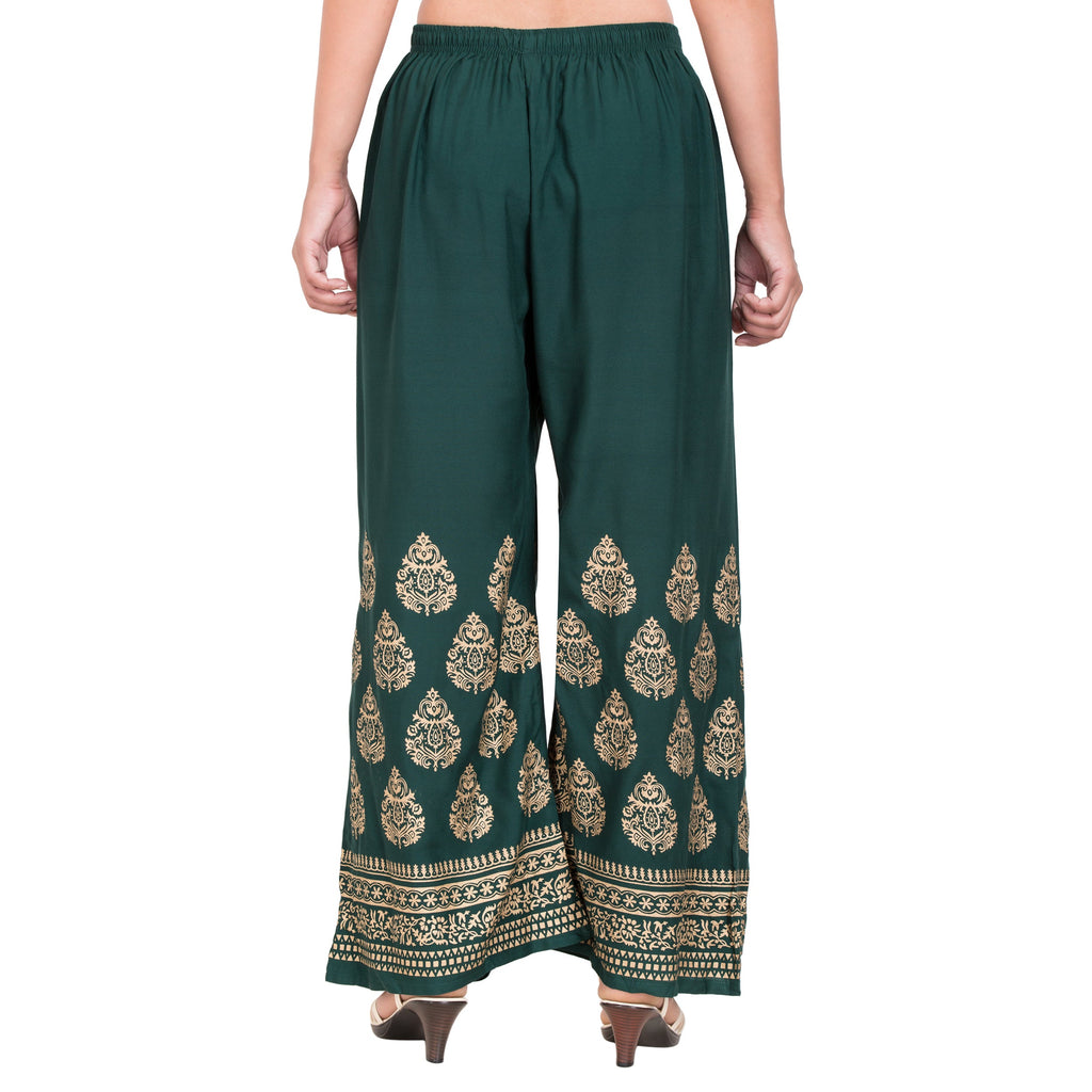 PAVONINE Bottle Green Color Golden Printed Rayon Fabric Sharara For Women | Grocsy