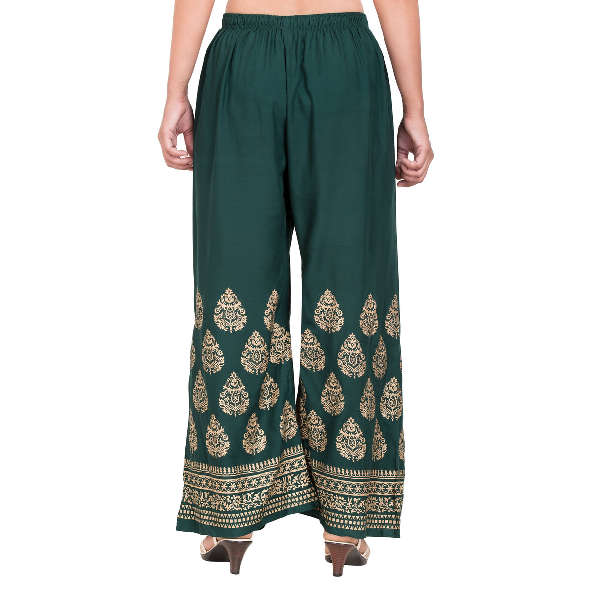 PAVONINE Bottle Green Color Golden Printed Rayon Fabric Sharara For Women | Grocsy