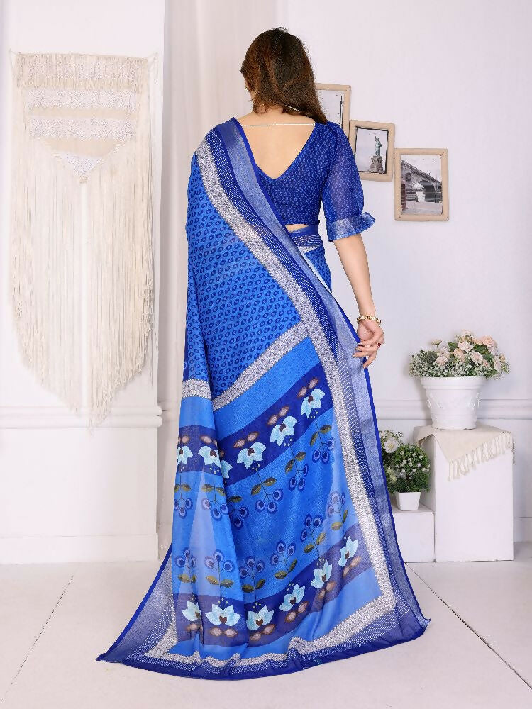 PR Fashion Blue Handloom Linen Cotton Zari Saree | Grocsy