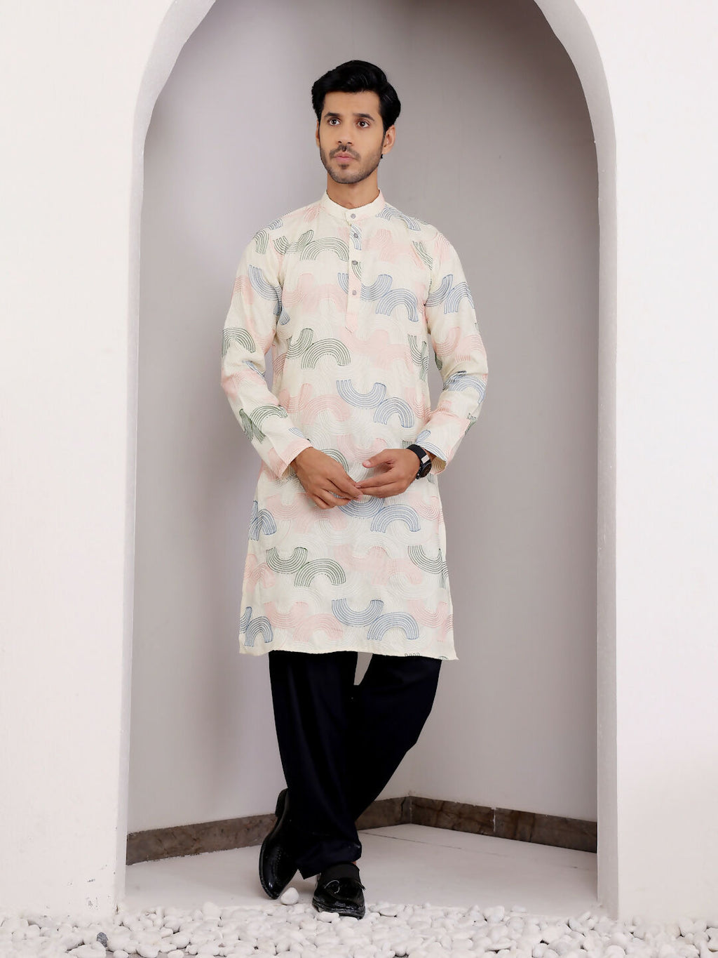 Cream Linen Designer Embroidery Work Men's Rajwadi Kurta Set - Mahotsav | Grocsy