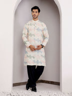 Cream Linen Designer Embroidery Work Men's Rajwadi Kurta Set - Mahotsav | Grocsy