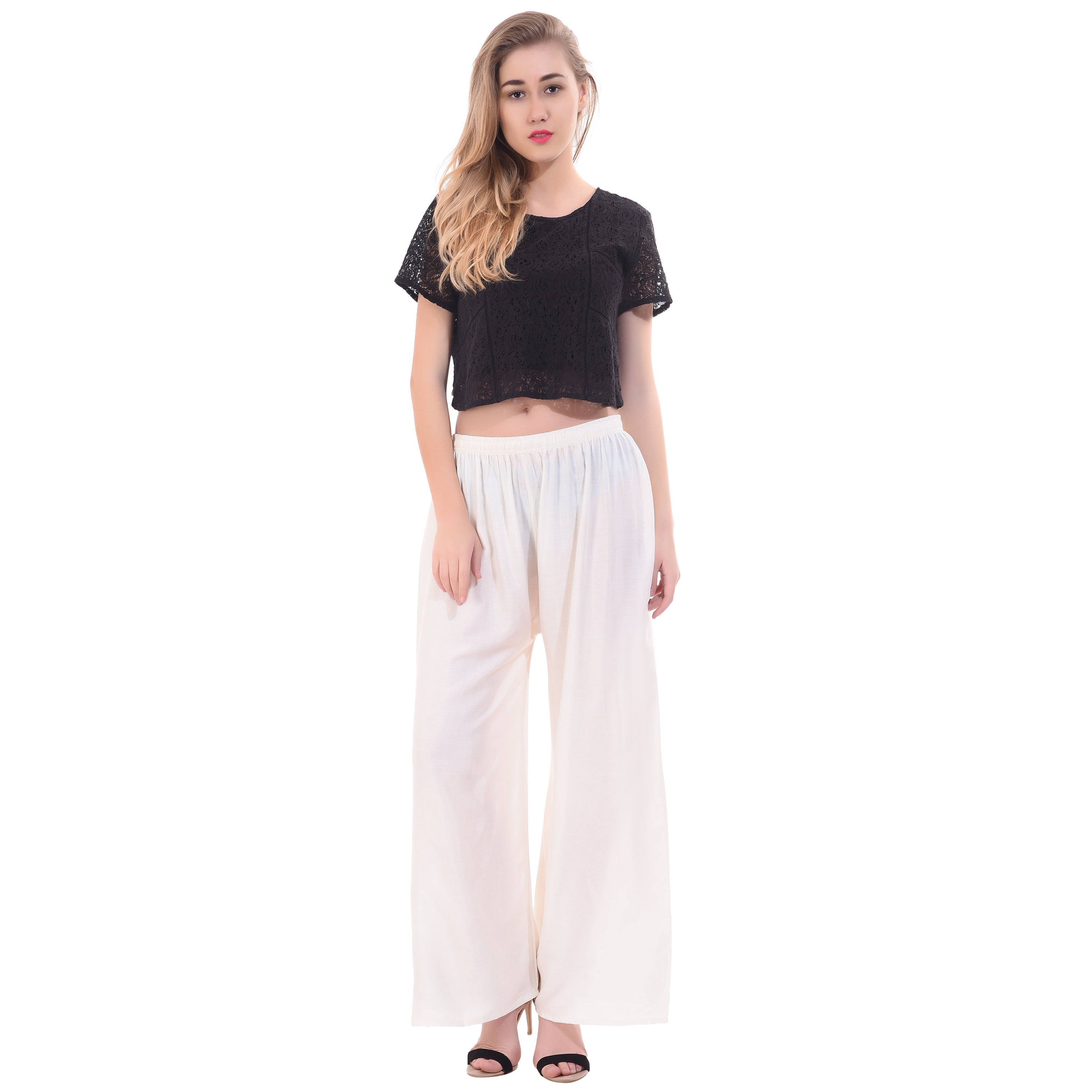 PAVONINE Off-White Color Rayon Fabric Half Flared Sharara For Women | Grocsy