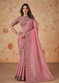 Pink Banarasi Crush Silk Thread, Sequence, Cord and jari Embroidered with Stone Work Saree - Mohmanthan Dakshika | Grocsy