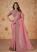 Pink Banarasi Crush Silk Thread, Sequence, Cord and jari Embroidered with Stone Work Saree - Mohmanthan Dakshika | Grocsy