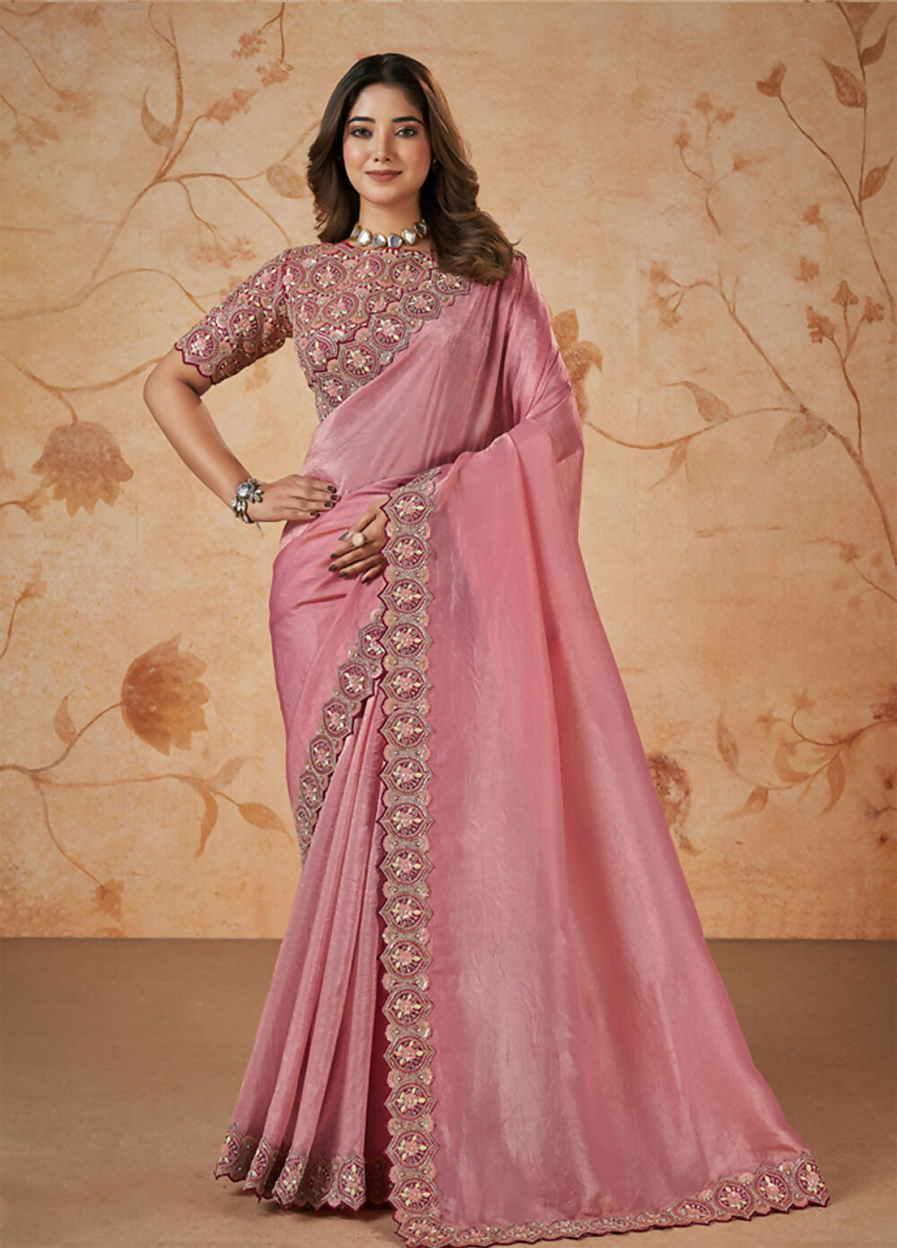 Pink Banarasi Crush Silk Thread, Sequence, Cord and jari Embroidered with Stone Work Saree - Mohmanthan Dakshika | Grocsy