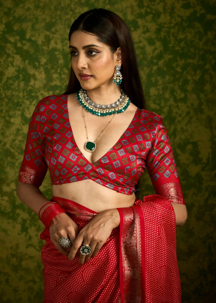 Joban Fashion Red Velvet Tussar Silk with Foil Print Saree | Grocsy