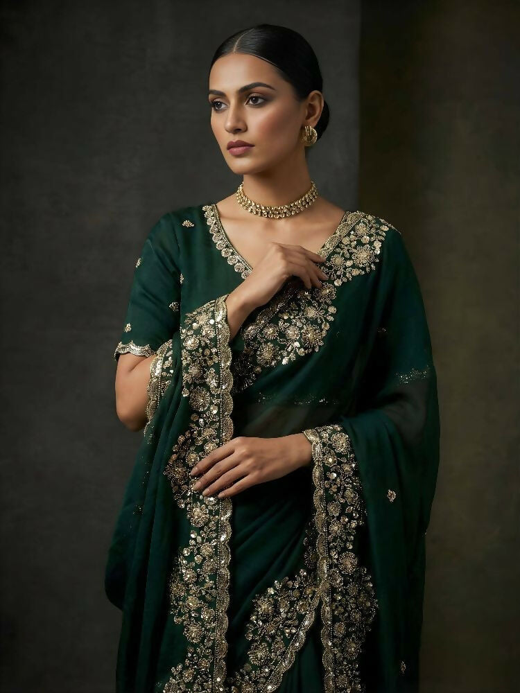 Joban Fashion Green Fandy Satin Silk Party Wear Sarees | Grocsy
