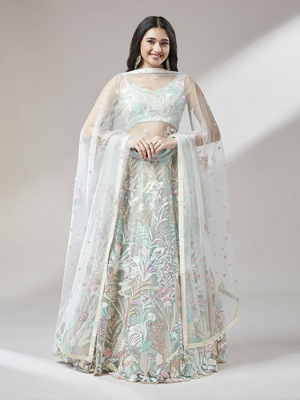 House of Panchhi Lime Green Net Sequinse Work Lehenga & Blouse with Dupatta | Grocsy