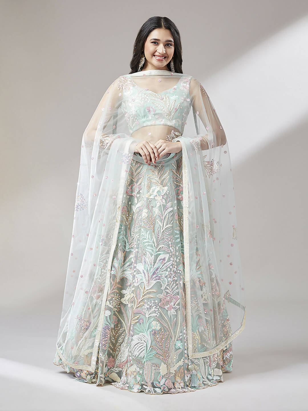 House of Panchhi Lime Green Net Sequinse Work Lehenga & Blouse with Dupatta | Grocsy